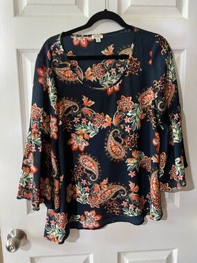 Spense Navy Paisley Floral Blouse with Orange & Green Accents